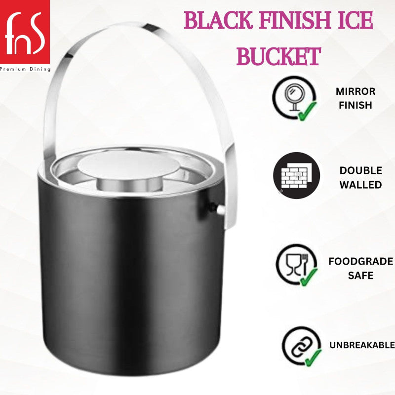 FNS Premium Dining black finish ice bucket infographic showing mirror finish rim, double walled insulation, food grade safe, and unbreakable construction features