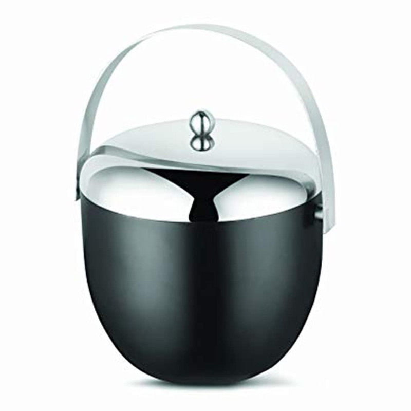 FNS black matte ice bucket with stainless steel lid and white handle for bar cocktail service