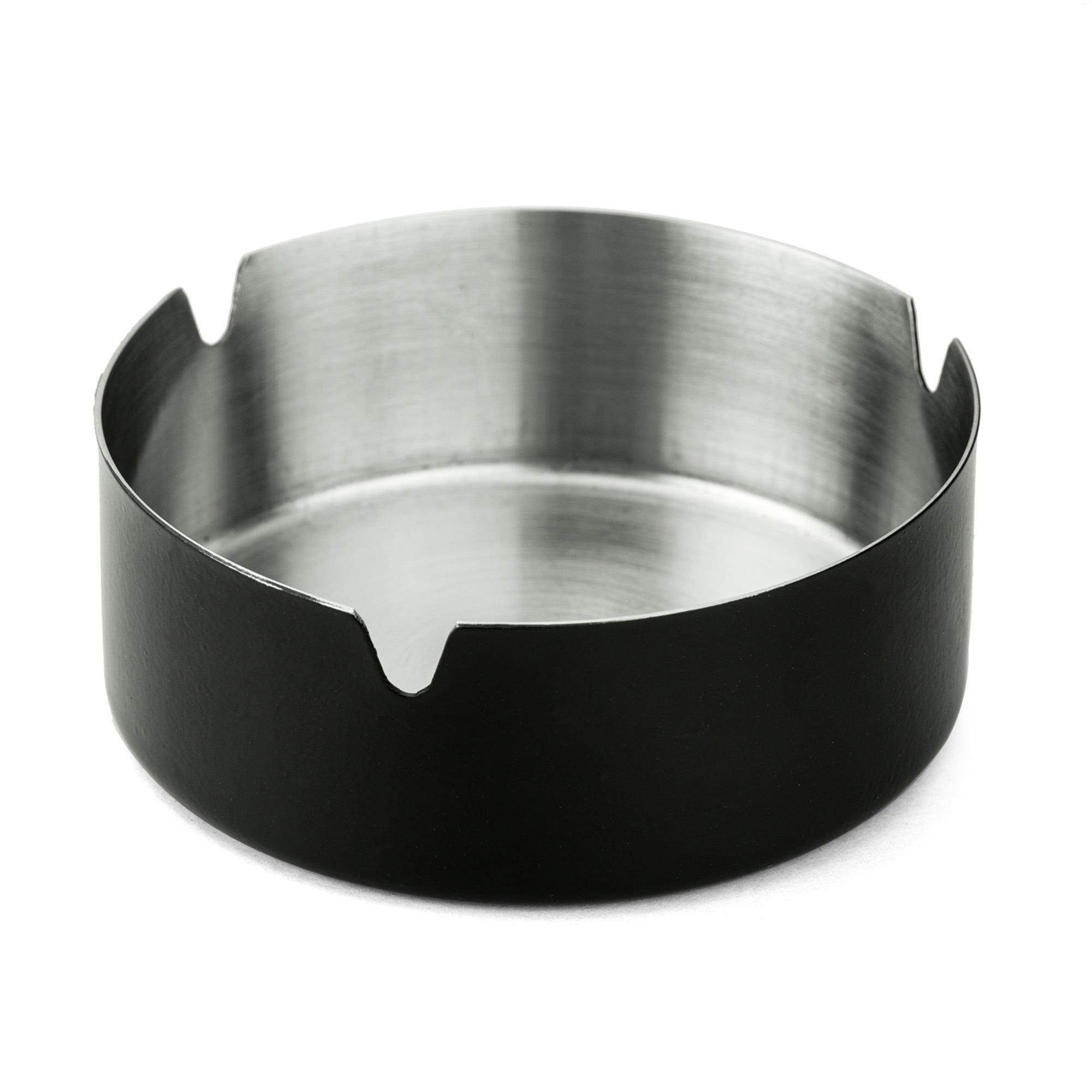 FNS black stainless steel ashtray with three cigarette rest slots and brushed interior on white background