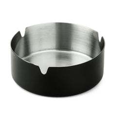 FNS black stainless steel ashtray with three cigarette rest slots and brushed interior on white background