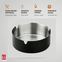 FNS black stainless steel ashtray infographic highlighting food grade material, smooth edges, mirror finish, and durable steel for everyday use