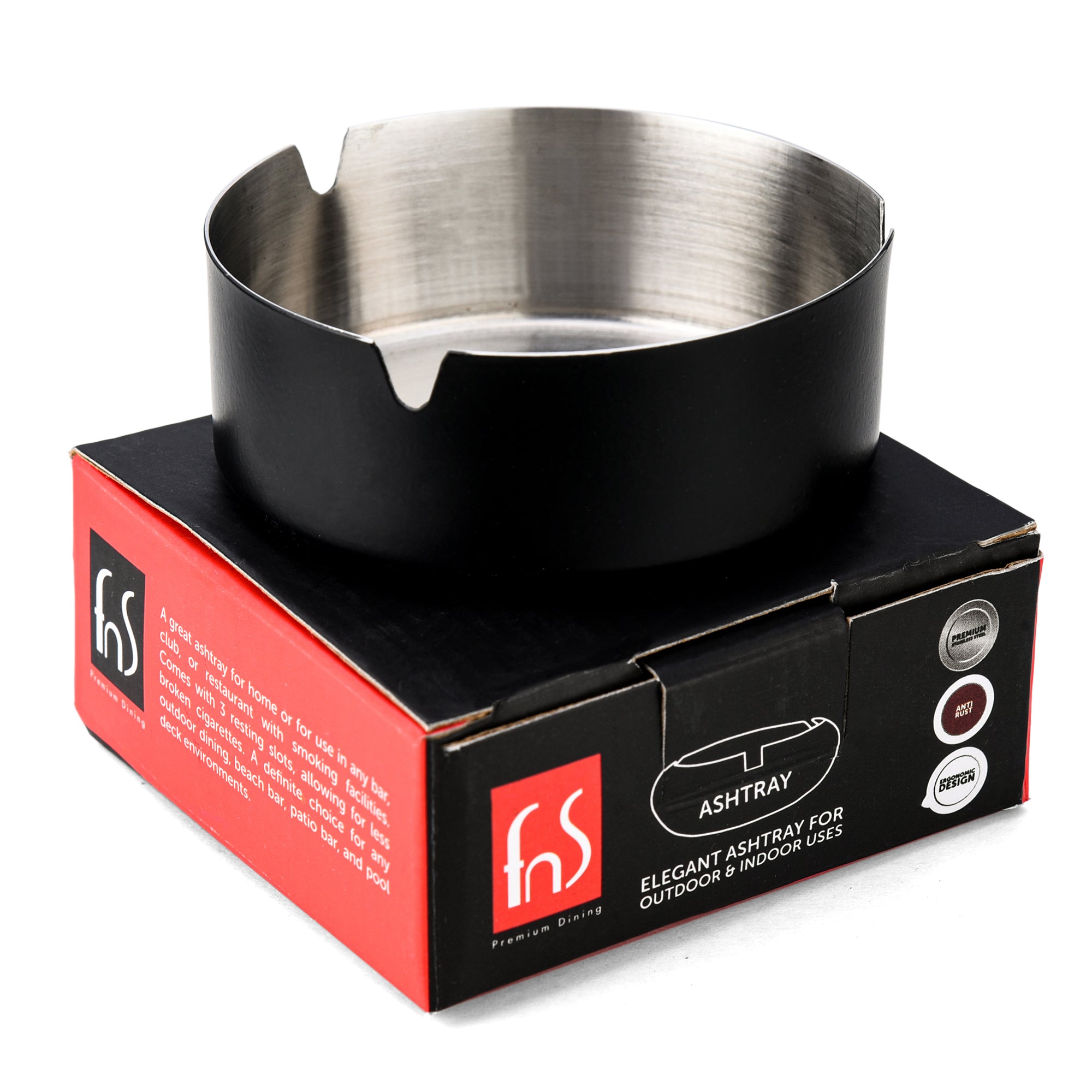 FNS black stainless steel ashtray displayed on red and black product packaging box for outdoor and indoor use