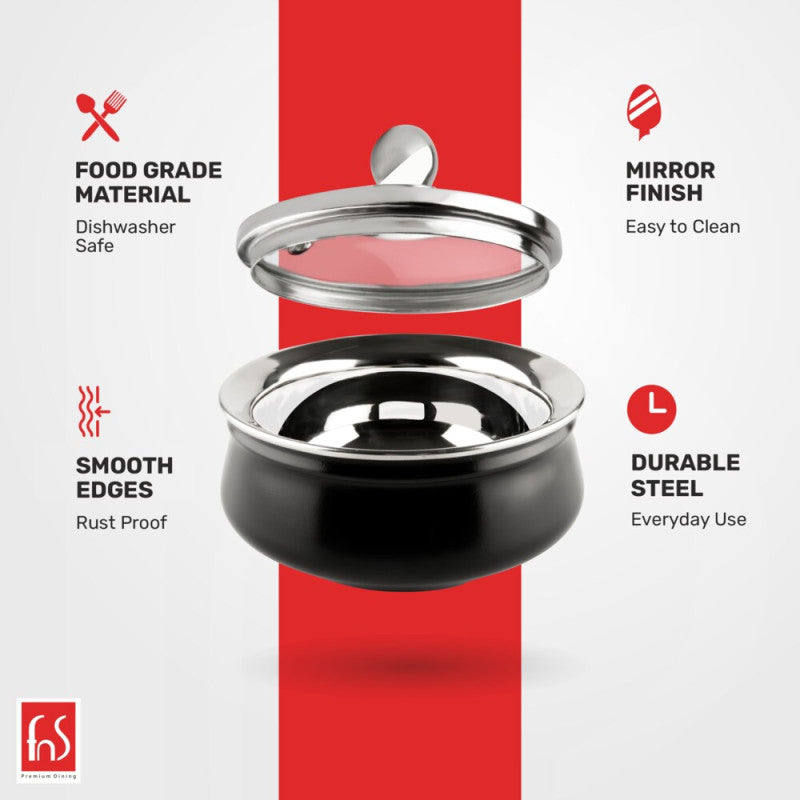 FNS black stainless steel handi features infographic showcasing food grade dishwasher-safe material, mirror finish, smooth rust-proof edges, and durable steel for everyday use