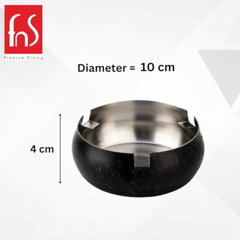 FNS black wooden finish stainless steel ashtray dimensions showing 10cm diameter and 4cm height specifications