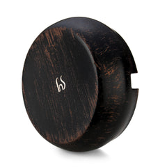 FNS black wooden finish ashtray bottom view showing FNS brand logo and textured wood grain exterior