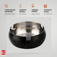 FNS black wooden finish ashtray infographic highlighting food grade material, smooth edges, mirror finish, and durable steel for everyday use