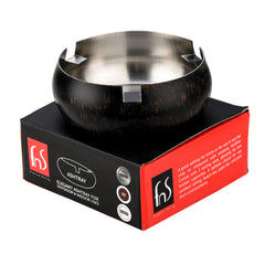 FNS black wooden finish stainless steel ashtray displayed on red and black product packaging box for outdoor and indoor use