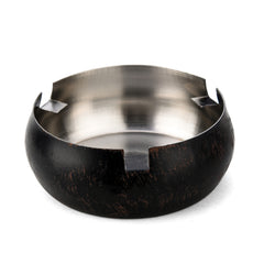 FNS black wooden finish stainless steel ashtray with cigarette rest slots and brushed interior on white background