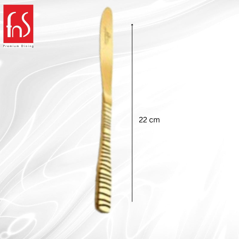 Single gold Boston dinner knife with ornamental textured handle displayed in profile view with measurement line indicating total length of 22 centimeters on light background.