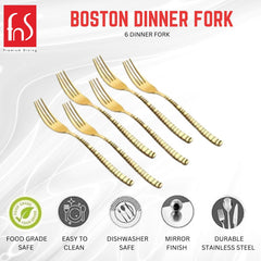 Isolated image of six Phoenix dinner forks with black heads and triangular-patterned handles, displayed on a white background.