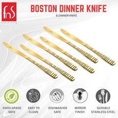 Premium dining brand logo with Boston Dinner Knife product title displaying six gold knives with decorative handles, highlighting features: food grade safe, easy to clean, dishwasher safe, mirror finish, and durable stainless steel.