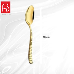 FNS Boston gold dessert spoon with 18cm measurement scale, displaying elegant ribbed handle design and mirror finish perfect for sophisticated dessert service.