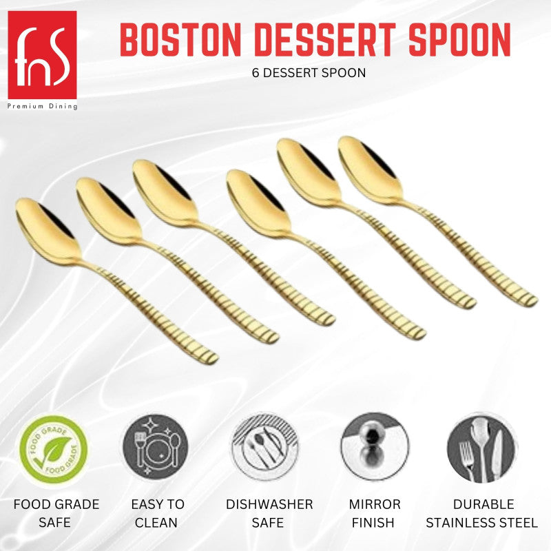 FNS Boston gold dessert spoon set infographic highlighting food grade safe, easy to clean, dishwasher safe, mirror finish, and durable stainless steel features.