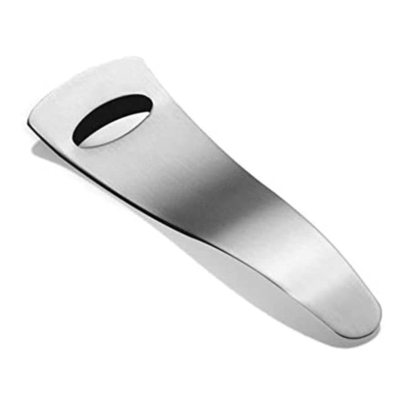 Curved handle bottle opener in premium stainless steel with ergonomic design and oval cutout
