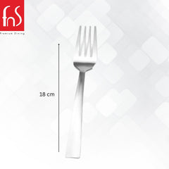 Single stainless steel dessert fork with flat handle measuring 18 cm in length