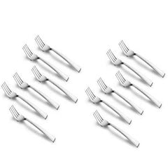 Twelve stainless steel dessert forks with flat handles arranged on white background