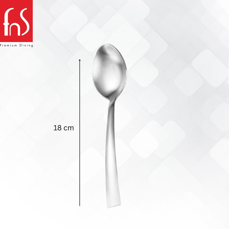 Single FNS Casper dessert spoon with 18cm length measurement specification showing elegant satin matte finish and smooth rounded bowl design