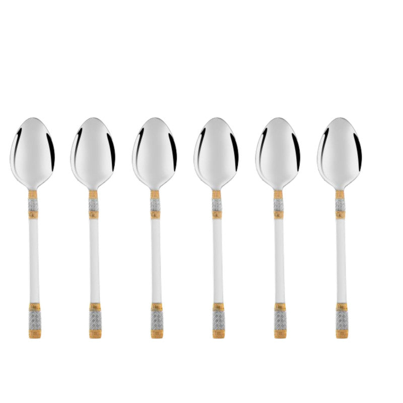 Six-piece FNS Celebration 24-karat gold plated baby spoon set with decorative gold-silver pattern handles, elegant stainless steel infant feeding collection on white background.