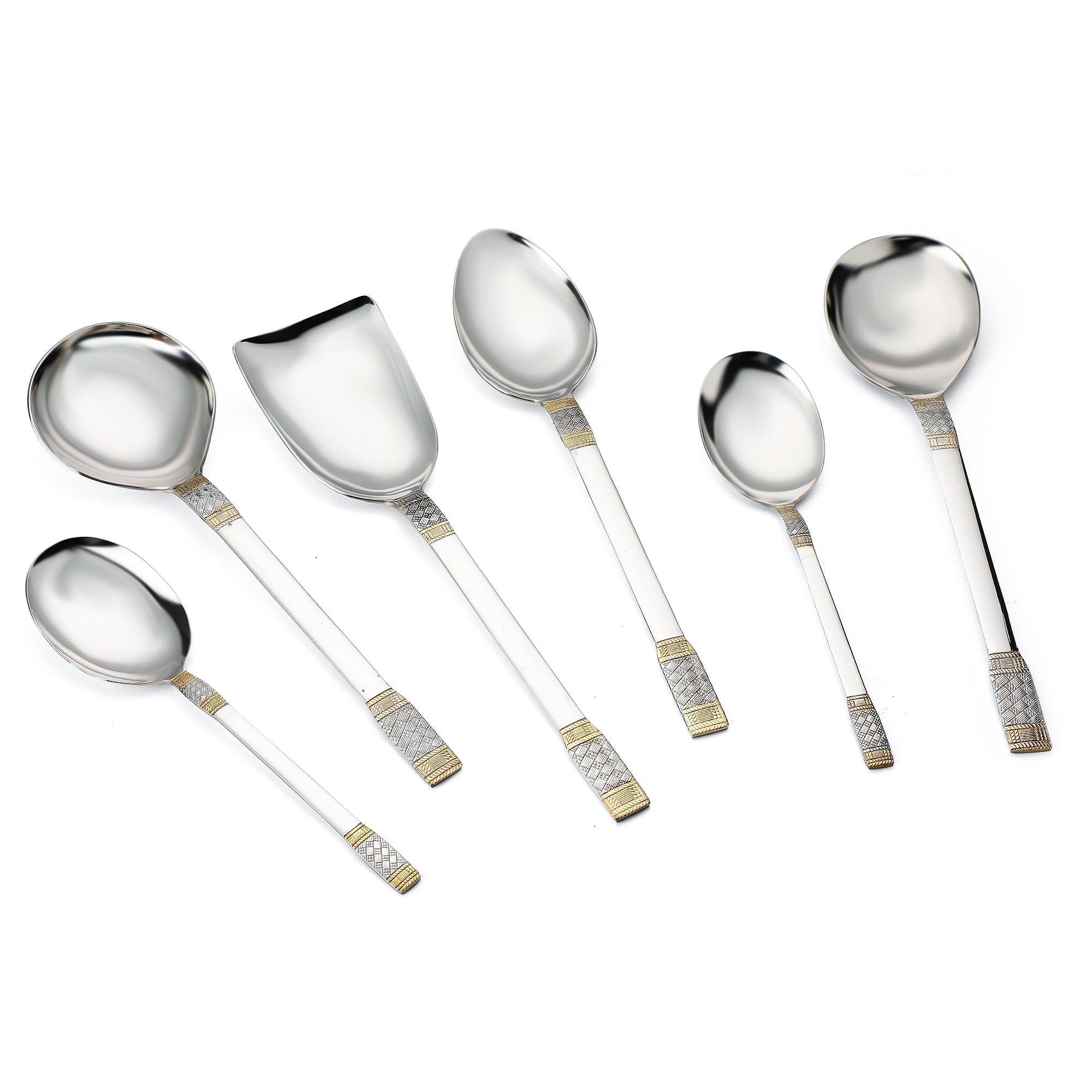 FNS Celebration 6-piece serving spoon set displaying gravy ladle, rice server, and serving spoons with mirror finish and distinctive gold-plated textured grip handles.