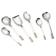 FNS Celebration 6-piece serving spoon set displaying gravy ladle, rice server, and serving spoons with mirror finish and distinctive gold-plated textured grip handles.