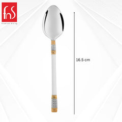  FNS Celebration baby spoon 16.5cm dimensions with gold-silver textured pattern handle and mirror finish stainless steel bowl for safe infant feeding needs.