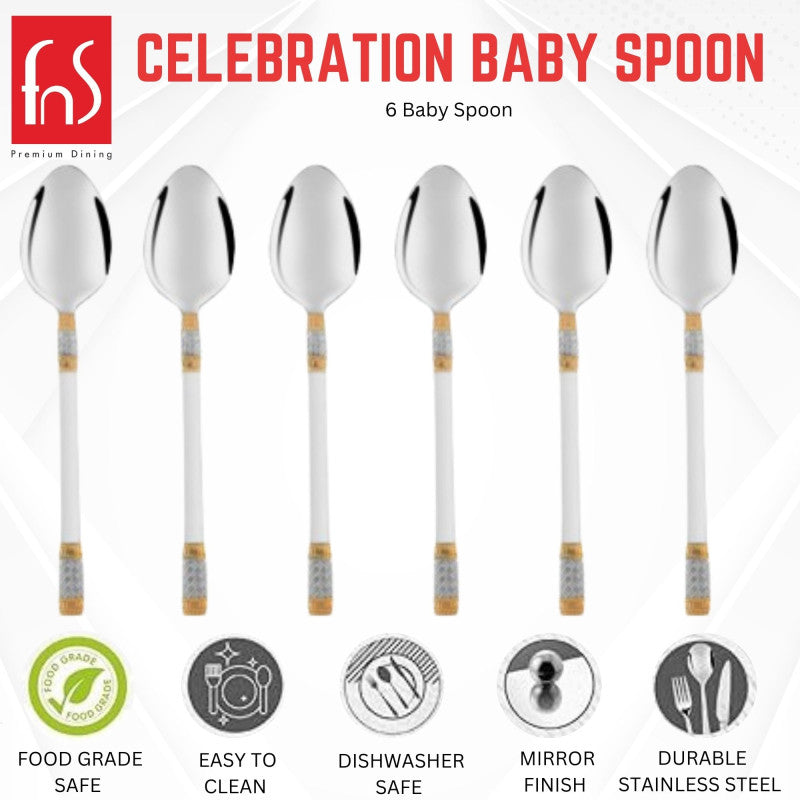 FNS Celebration baby spoon features infographic highlighting food grade safe, easy to clean, dishwasher safe, mirror finish, and durable stainless steel construction.