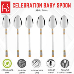 FNS Celebration baby spoon features infographic highlighting food grade safe, easy to clean, dishwasher safe, mirror finish, and durable stainless steel construction.