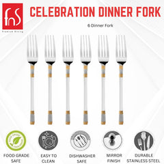 FnS Celebration dinner fork set featuring 6 gold-accented stainless steel forks