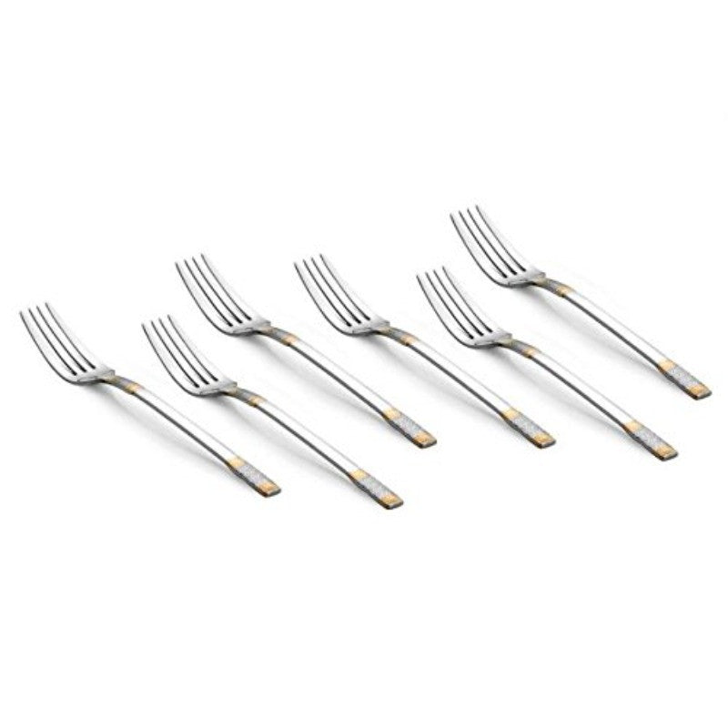 Six dinner forks with gold accent handles arranged in row