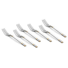 Six dinner forks with gold accent handles arranged in row