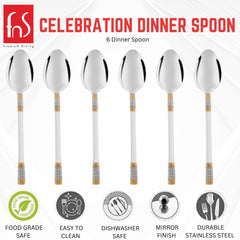FNS Celebration dinner spoon set infographic highlighting food grade safe, easy to clean, dishwasher safe, mirror finish and durable stainless steel construction features