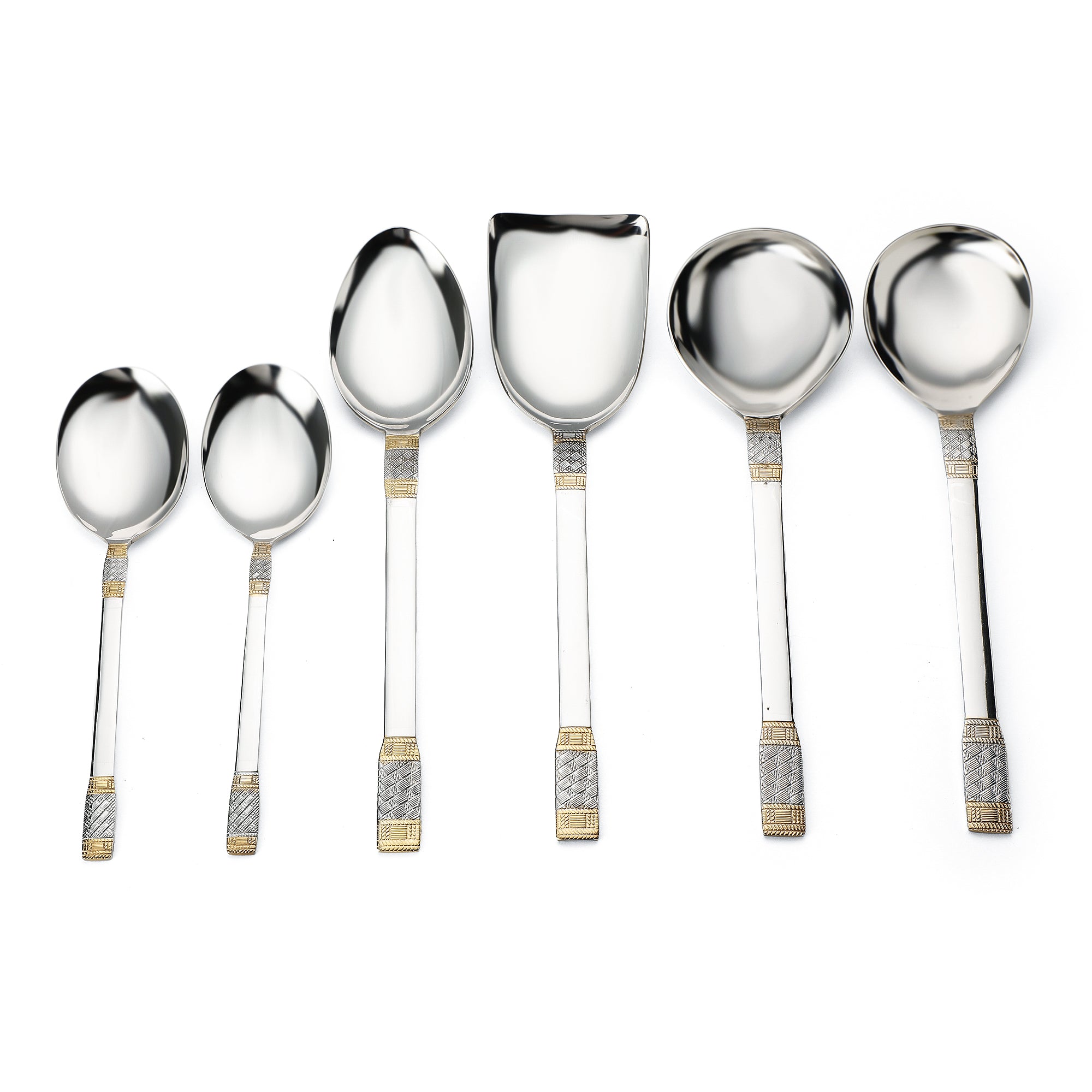 FNS Celebration gold-plated serving spoon set featuring six pieces including gravy ladle, rice server, and serving spoons with textured gold accent handles.