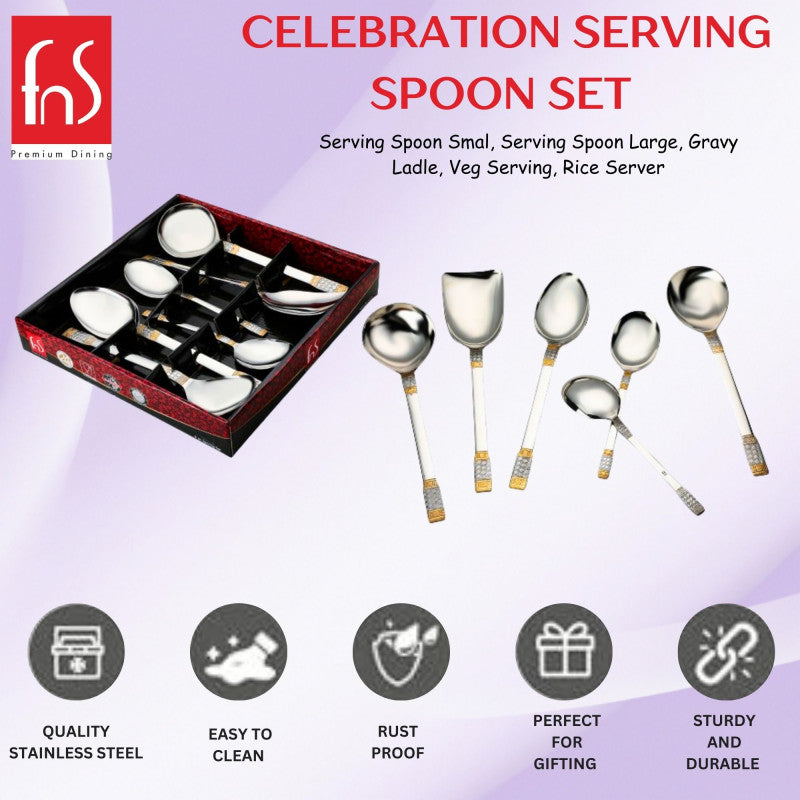 FNS Celebration serving spoon set infographic highlighting quality stainless steel, easy to clean, rust proof, perfect for gifting, and sturdy durable construction features.