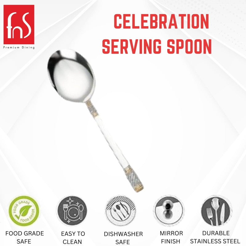 FNS Celebration serving spoon features infographic highlighting food-grade safe, easy to clean, dishwasher safe, mirror finish, and durable stainless steel properties