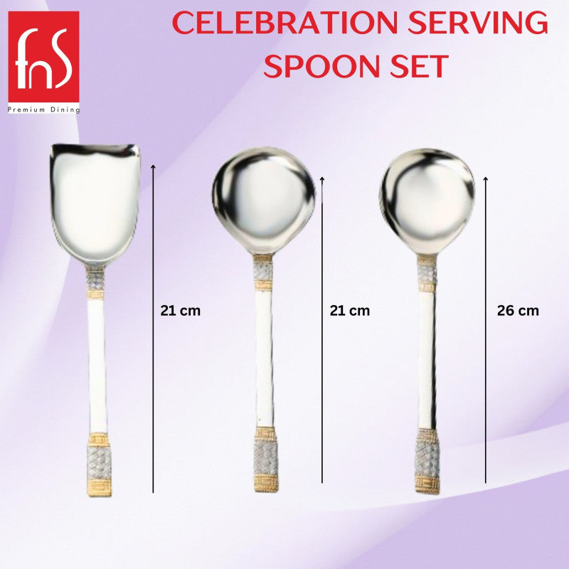 FNS Celebration serving spoon size guide displaying rice server 21cm, gravy ladle 21cm, and large rice server 26cm with gold-plated textured handles.