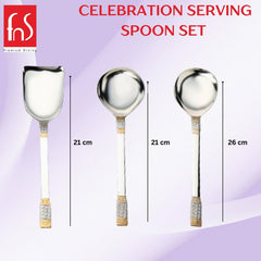 FNS Celebration serving spoon size guide displaying rice server 21cm, gravy ladle 21cm, and large rice server 26cm with gold-plated textured handles.