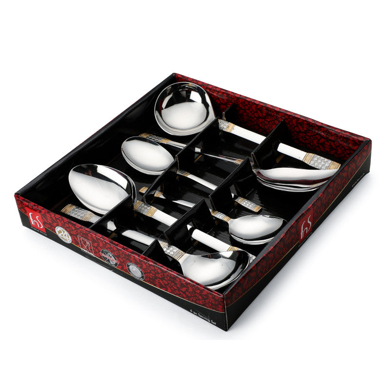 FNS Celebration serving spoon set displayed in premium red and black gift box packaging with compartmentalized interior, perfect for special occasions and gifting.
