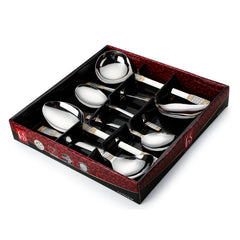FNS Celebration serving spoon set displayed in premium red and black gift box packaging with compartmentalized interior, perfect for special occasions and gifting.