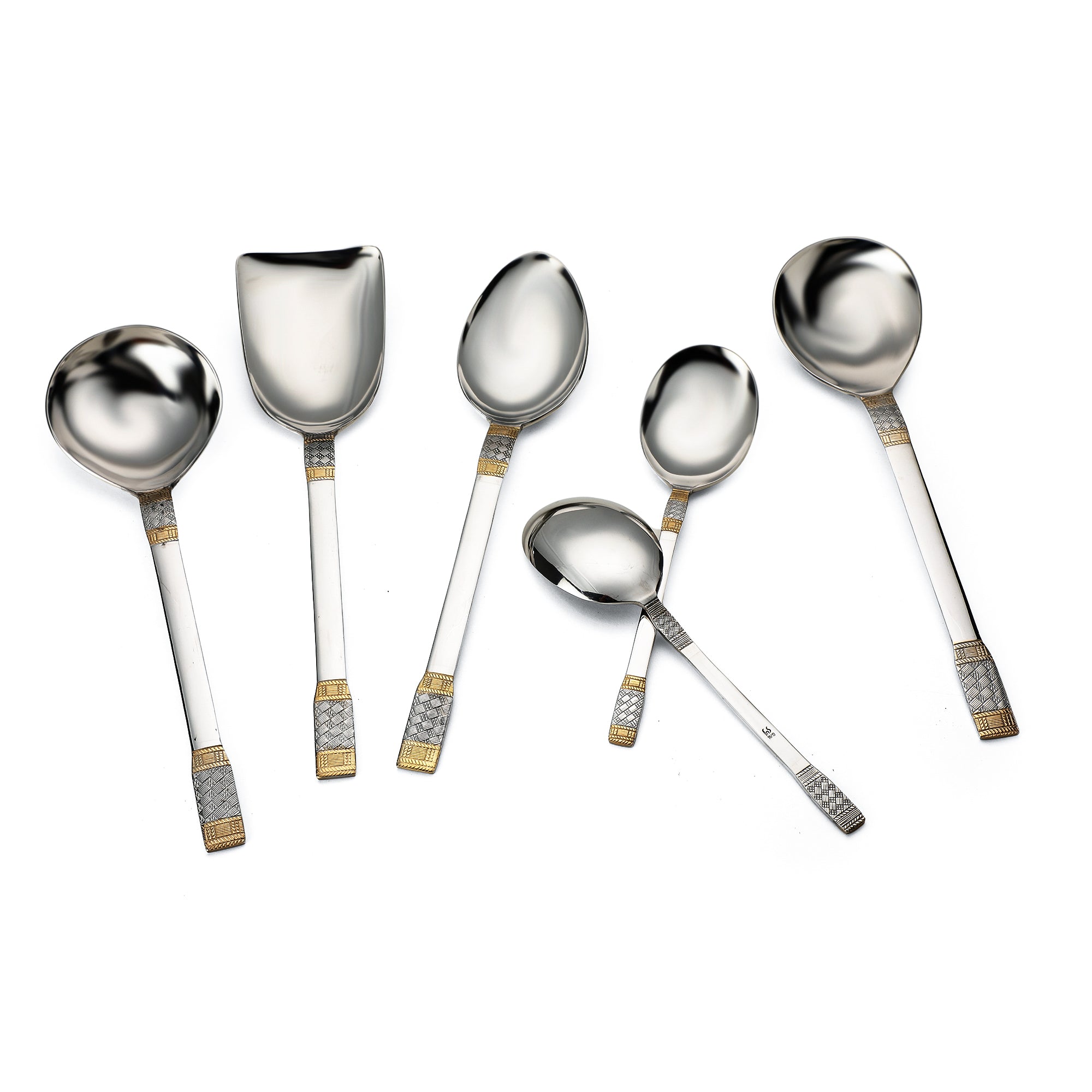 FNS Celebration serving spoon set artistically arranged showing various bowl sizes including gravy ladle, vegetable server, and spoons with elegant gold-plated textured handles.