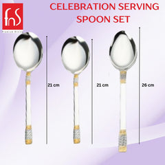 FNS Celebration serving spoon size measurement guide showing two serving spoons at 21cm and vegetable serving spoon at 26cm with gold-plated textured handles.