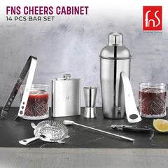 FNS Cheers Cabinet 14-piece bar set showing complete contents list with whisky glasses, shaker, flask, and tool features including portable box, dishwasher safe, and stainless steel quality