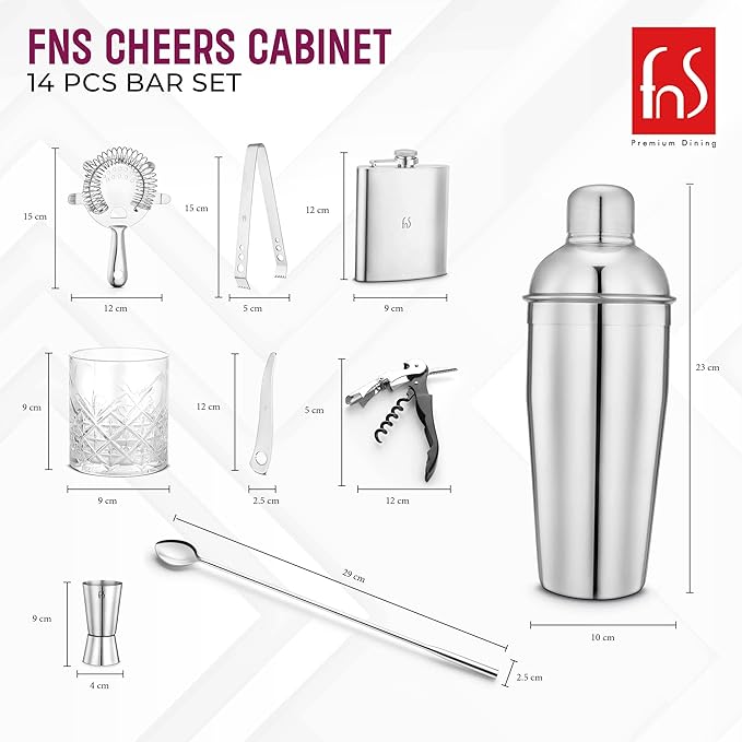 FNS Cheers Cabinet bar set components with dimensions showing shaker, glasses, flask, and cocktail tools