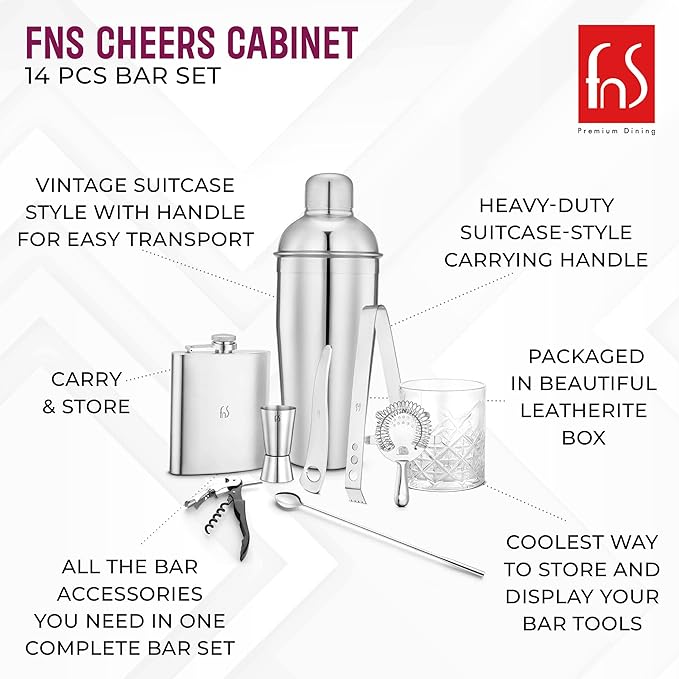 FNS Cheers Cabinet bar set features highlighting vintage suitcase style, storage, and complete cocktail accessories
