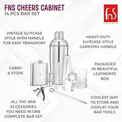 FNS Cheers Cabinet bar set features highlighting vintage suitcase style, storage, and complete cocktail accessories