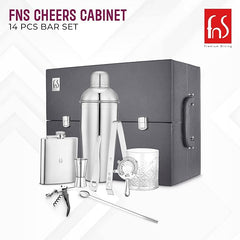 FNS Cheers Cabinet bar set showing three-panel interior with crystal glasses and bartending tools organized
