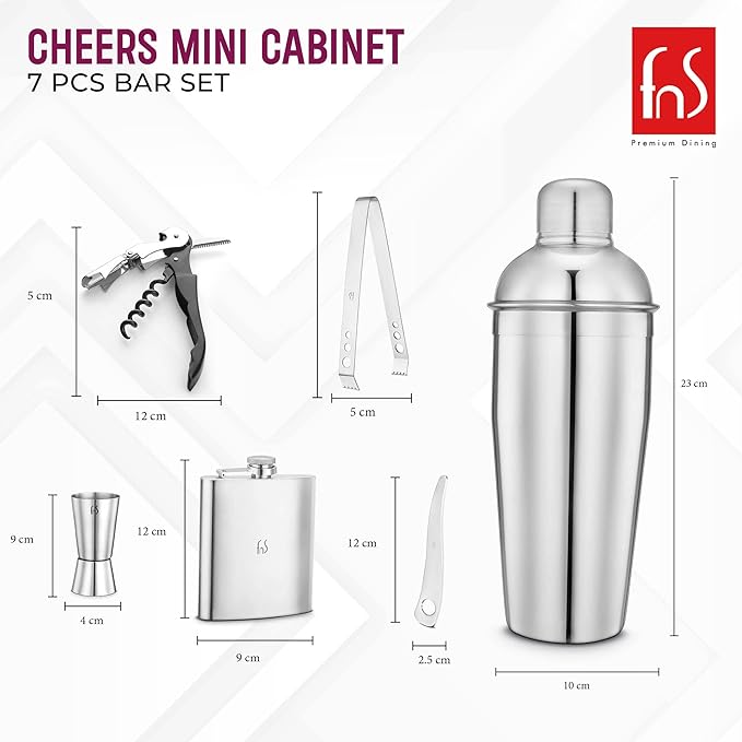 FNS Cheers Mini Cabinet bar tools with dimensions showing shaker, flask, jigger, tongs, and corkscrew measurements