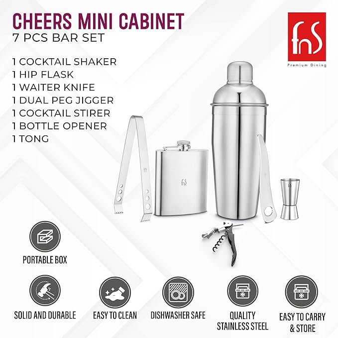 FNS Cheers Mini Cabinet 7-piece bar set showing all components with portable box, dishwasher safe, and stainless steel features