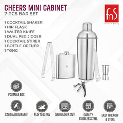 FNS Cheers Mini Cabinet 7-piece bar set showing all components with portable box, dishwasher safe, and stainless steel features