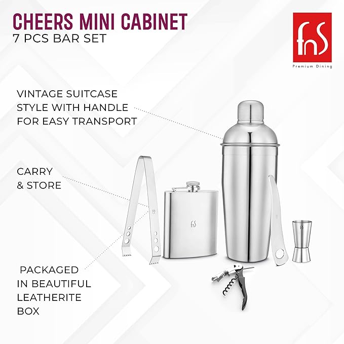 FNS Cheers Mini Cabinet bar set highlighting vintage suitcase style, leatherite packaging, and easy transport features