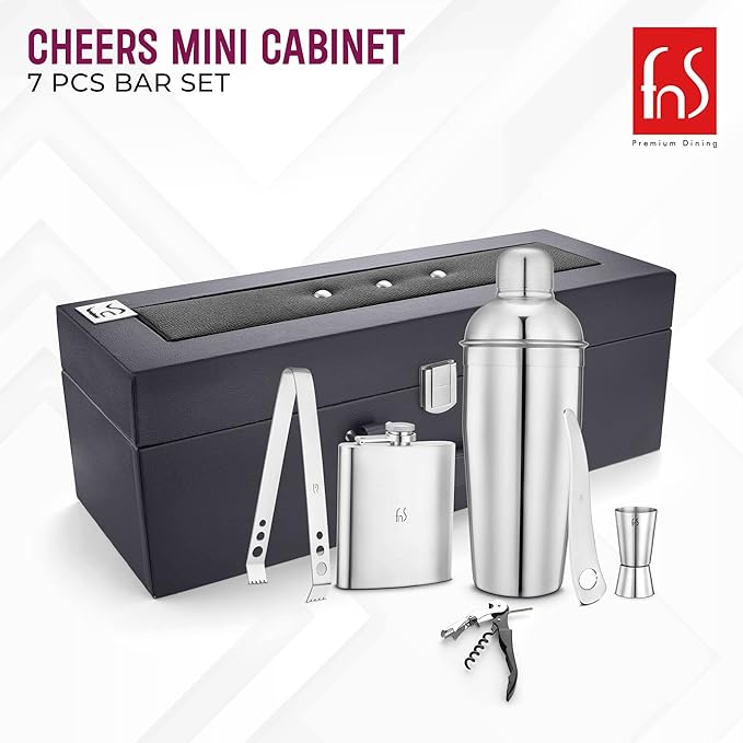 FNS Cheers Mini Cabinet 7-piece stainless steel bar tools displayed with grey leatherite storage box